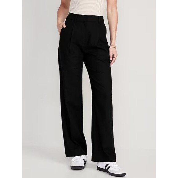 Old Navy Pants - Old Navy Taylor Wide Leg Trouser Pants Women L Black Linen Blend Pleated NEW